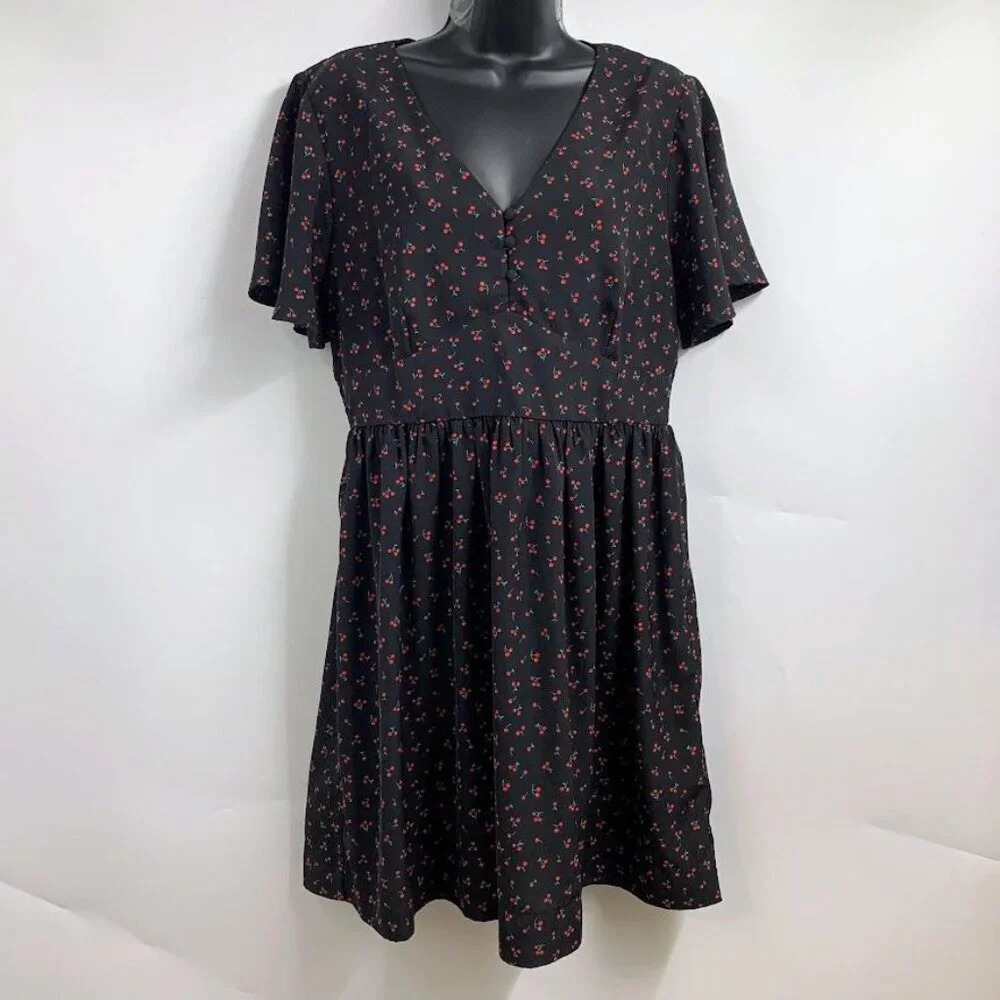 Ellison Women's Cherry Patterned V Neck Sheath Dress Size M